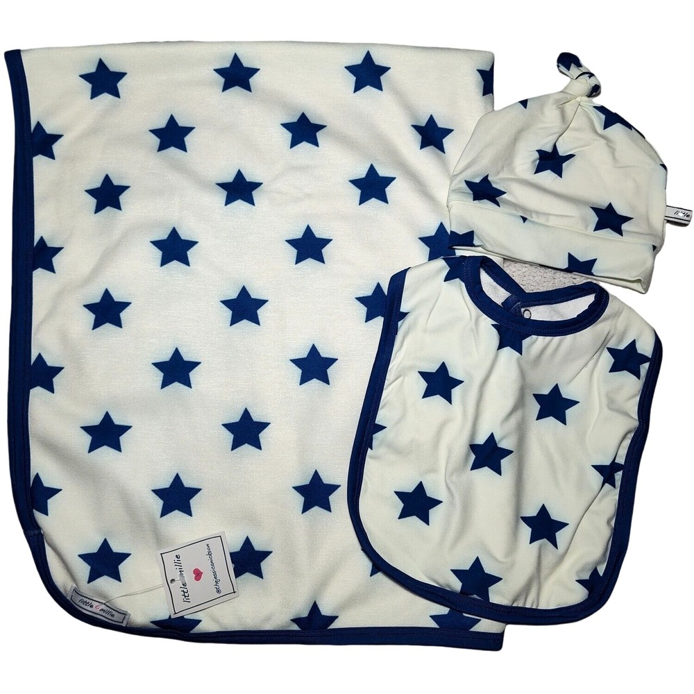 Little Millie 3pc Baby Newborn 3 Mo Cream & Cobalt Star Blanket Hat Bib Set Blue